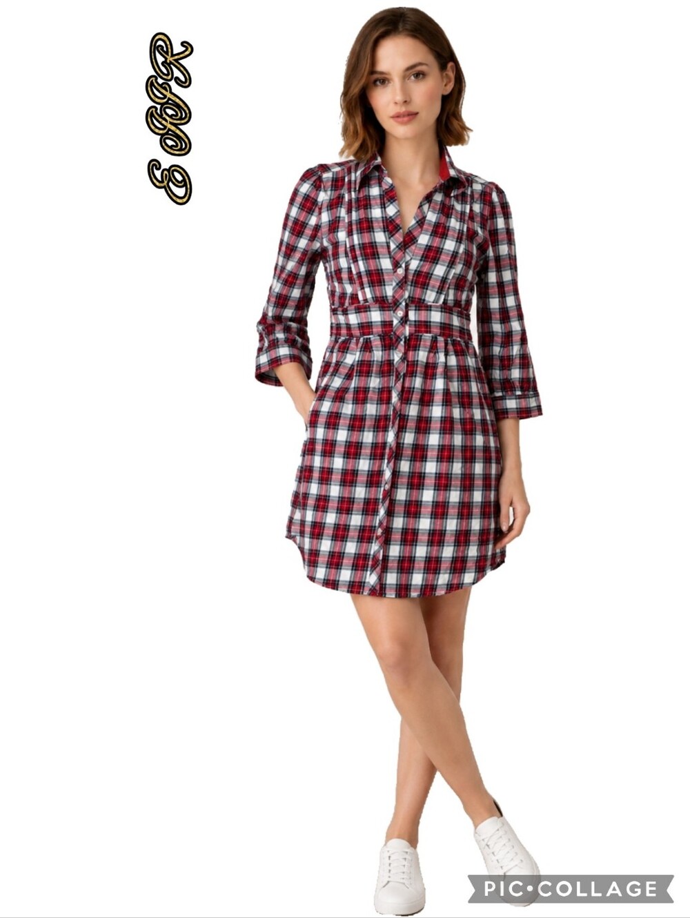 E II R red white plaid 100% cotton flannel collard button front shirtdress